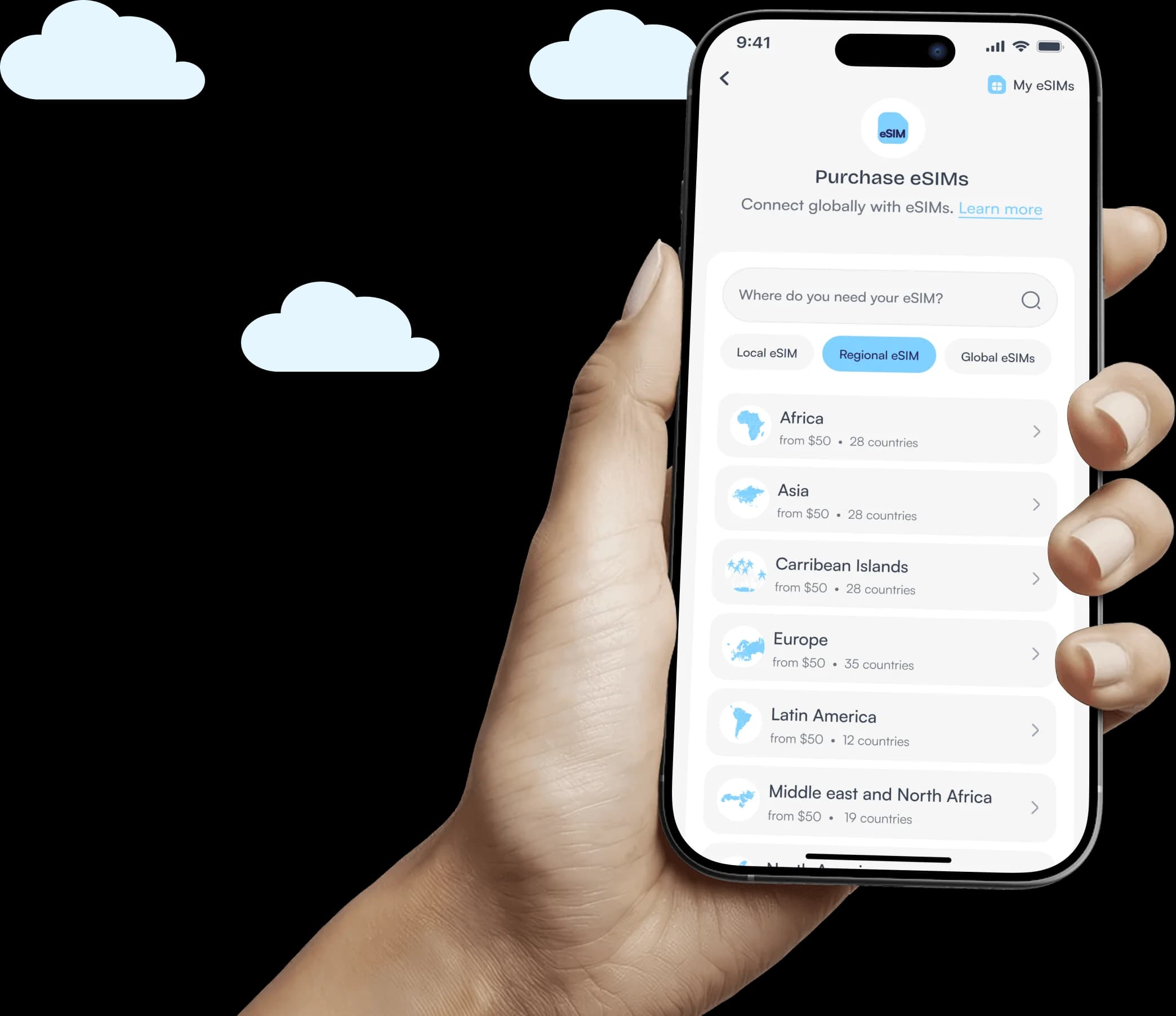 eSIM screen preview in the NOSH app