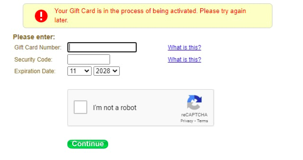 Your gift card is in the process of being activated
